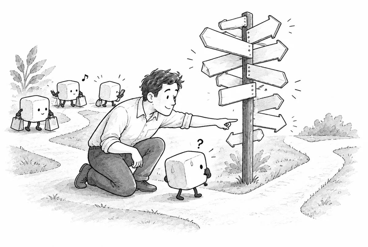 Illustration: Ein Würfel steht ratlos vor einem Wegweiser mit vielen Schildern