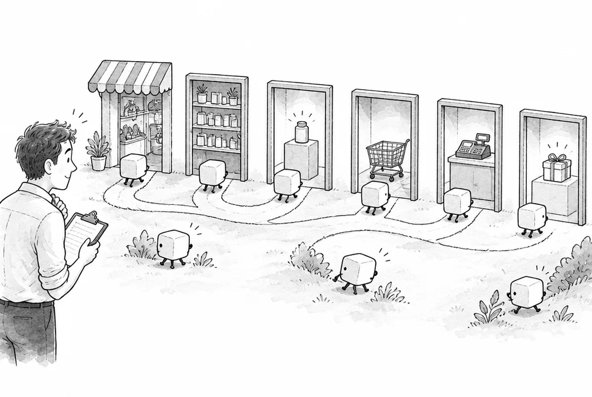 Illustration: Würfel laufen durch sechs Türen, von der Ladentür bis zum Geschenk