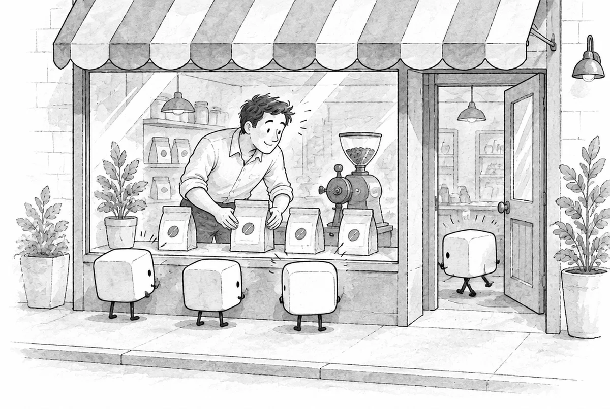 Illustration: Würfel schauen neugierig in das Schaufenster einer kleinen Kaffeerösterei
