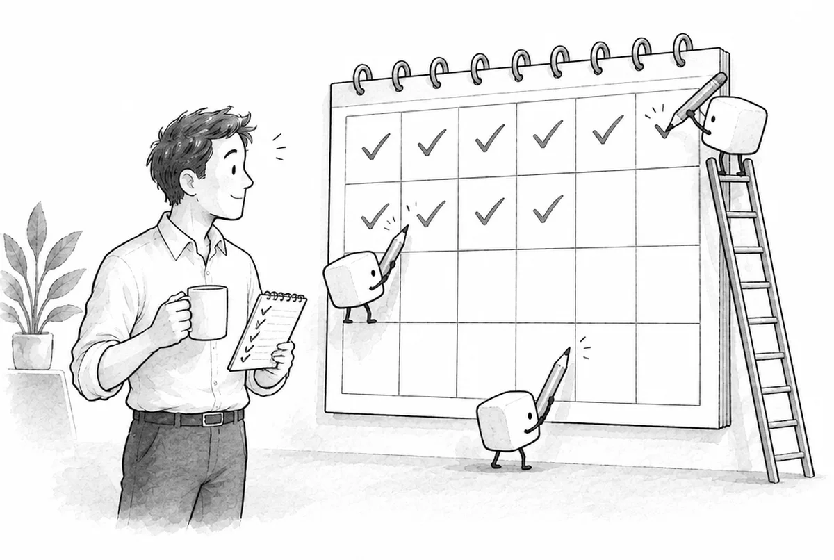 Illustration: Würfel haken Tage in einem großen Wandkalender ab