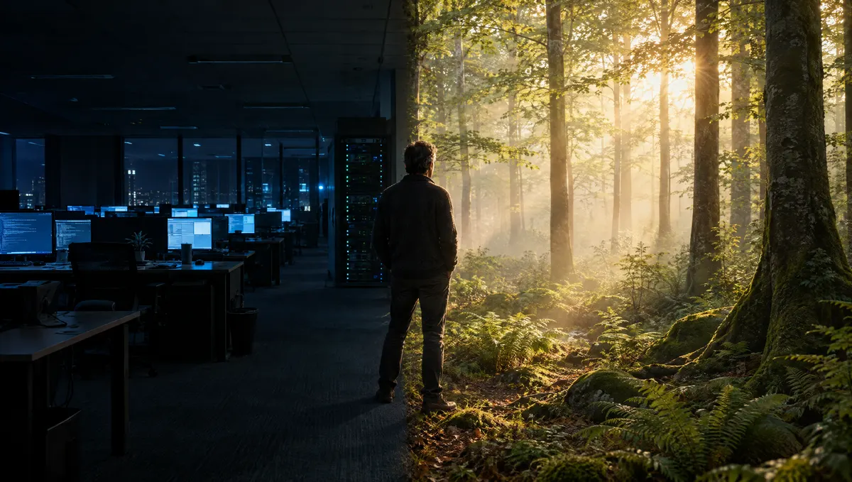 Links ein nächtliches Büro voller Monitore, rechts ein Wald im Morgenlicht, dazwischen steht ein Mensch.