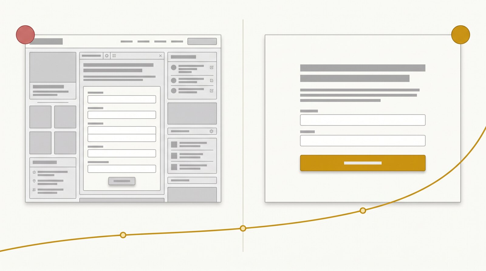 Zwei Landingpage-Layouts im Vergleich: links viele konkurrierende Blöcke und ein langes Formular, rechts eine Aussage, zwei Felder und ein deutlicher Button, darunter eine steigende Conversion-Kurve